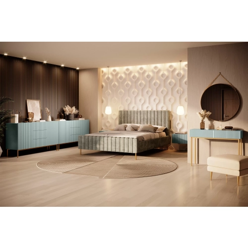 Komoda Nicole 150 cm z szufladami i półkami - szałwia / złote nóżki - Limitowana oferta